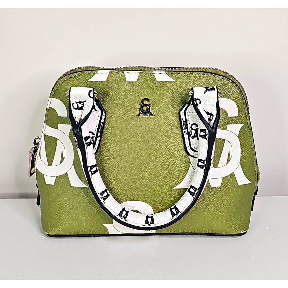 Steve Madden Green/Beige Logo Zip Top Handle Satchel, Silver Hardware, Lined